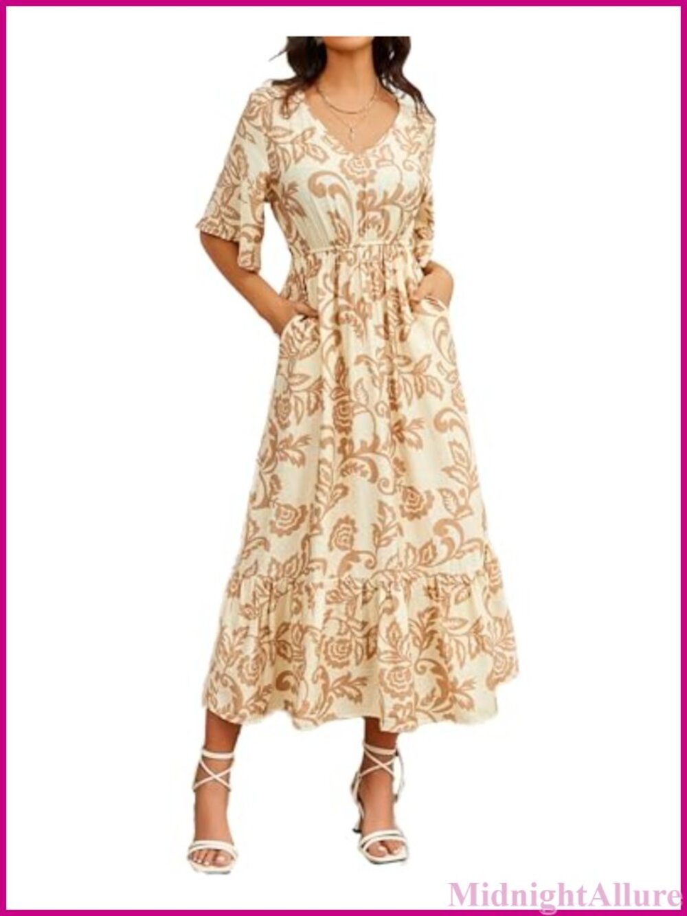 Women's Floral Maxi Dress V-Neck Short Sleeve A-Line Pockets